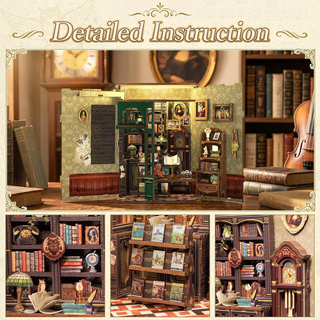 Book Nook Kit, 3D Wooden Mini Book House Puzzle, Handmade DIY Owl Bookstore, Miniature Landscape Bookend