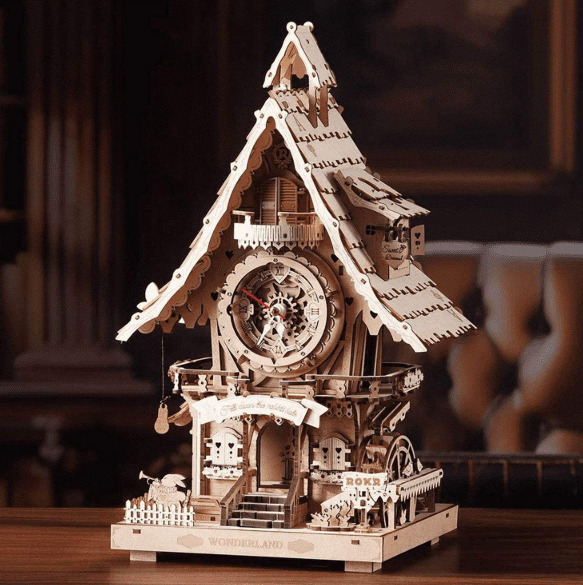 ROKR Cuckoo Clock 3D Wooden Puzzle Kit, Mechanical Clock Model with Moving Pendulum and LED Light, Colorful DIY Craft Decor Xmas Gift Toy for Adults