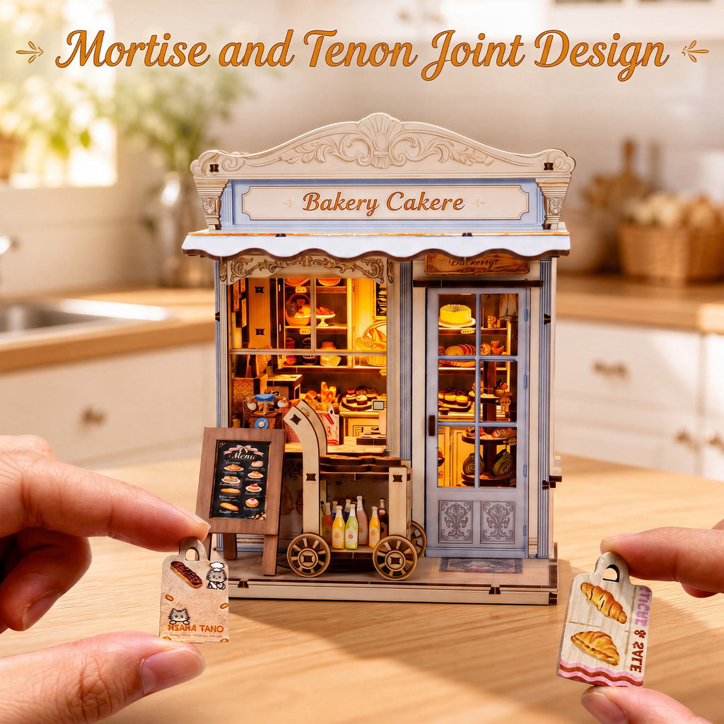 MOJINO DIY Book Nook Kit, Vintage Bakery Miniature House 3D Wooden Puzzle with LED Light, Tiny Home Dollhouse Craft Kit for Adults & Teens, Bookshelf Decor