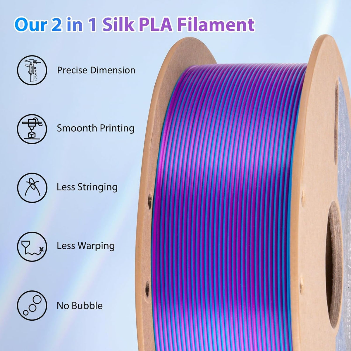 Multicolor 3D Printer Filament,Dual/Tri Color 1.75mm PLA Silk Shiny Printing Filament,250g(0.55lbs) Fit Most FDM 3D Printer