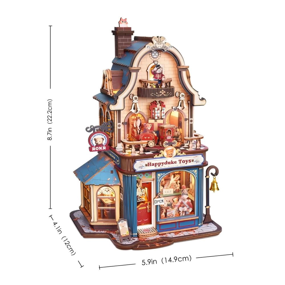 ROKR Happyduke Toys Moving Wooden 3D Puzzle Model Kit, 305-Piece Toy Shop Miniature House with Music Box, Warm LED Light for Adults and Teens