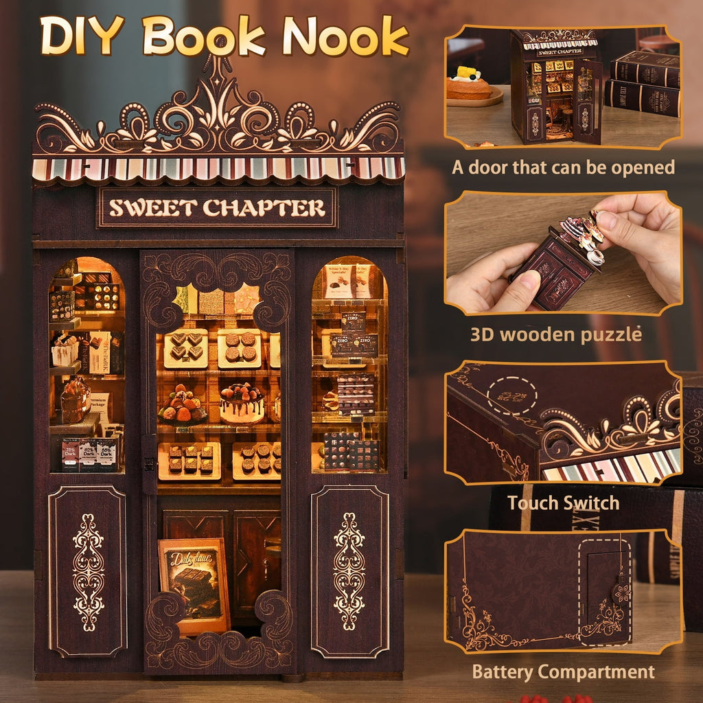 Book Nook Kit DIY, 3D Wooden Puzzle Miniature with LED Light, Bookshelf Decor Insert, Craft Kit for Adults & Teens, Sweet Chapter