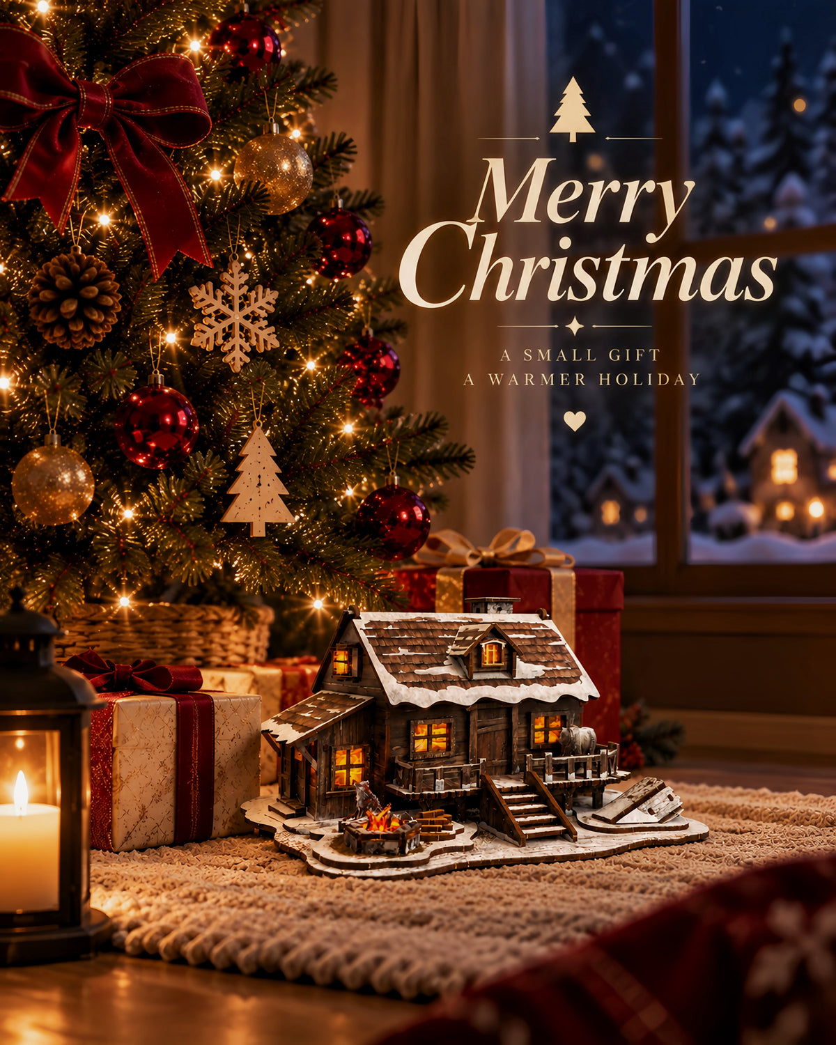 LED 3D Wooden Puzzle Winter Cabin DIY Miniature Building Kit with LED Lights - 3D Craft Rural Wooden Cabin Models Decor Gift for Adult