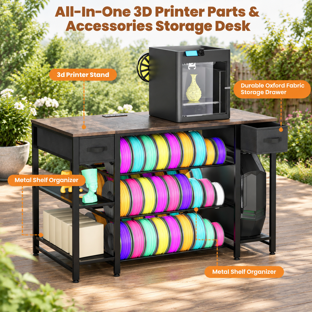 Rectangular Brown Heavy Duty Metal 3D Printer Table with Storage Drawer and Power Hub