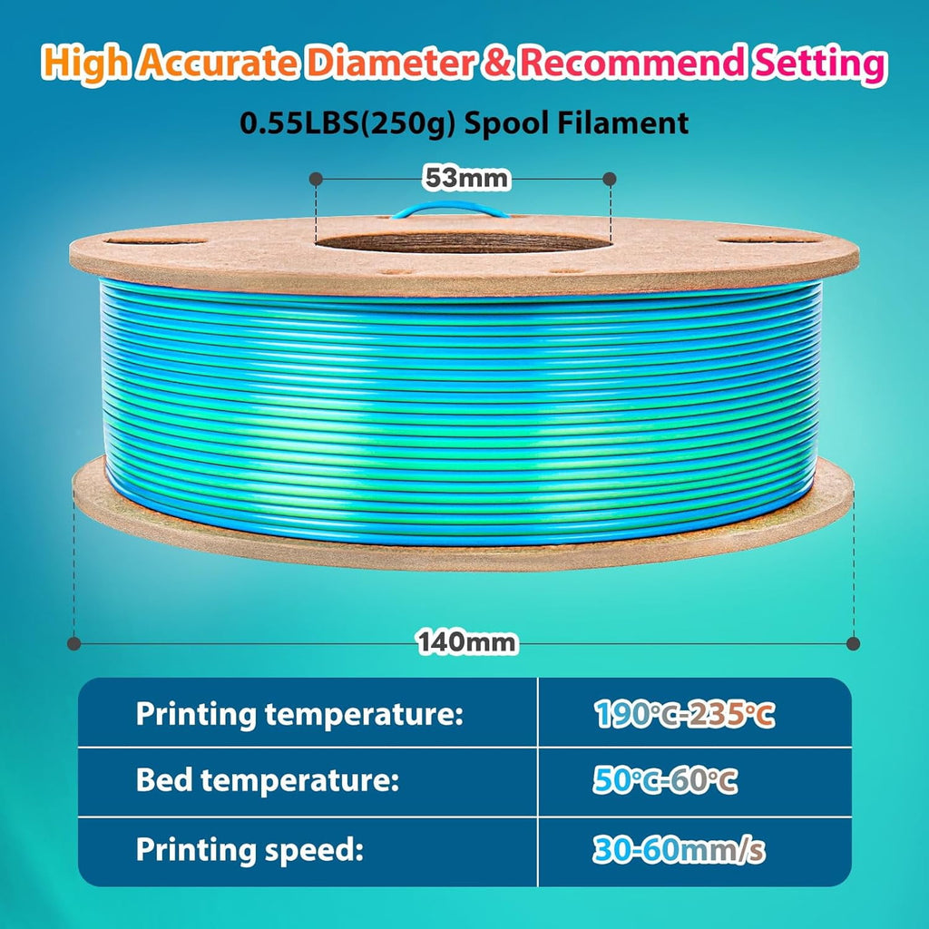 Multicolor 3D Printer Filament,Dual/Tri Color 1.75mm PLA Silk Shiny Printing Filament,250g(0.55lbs) Fit Most FDM 3D Printer