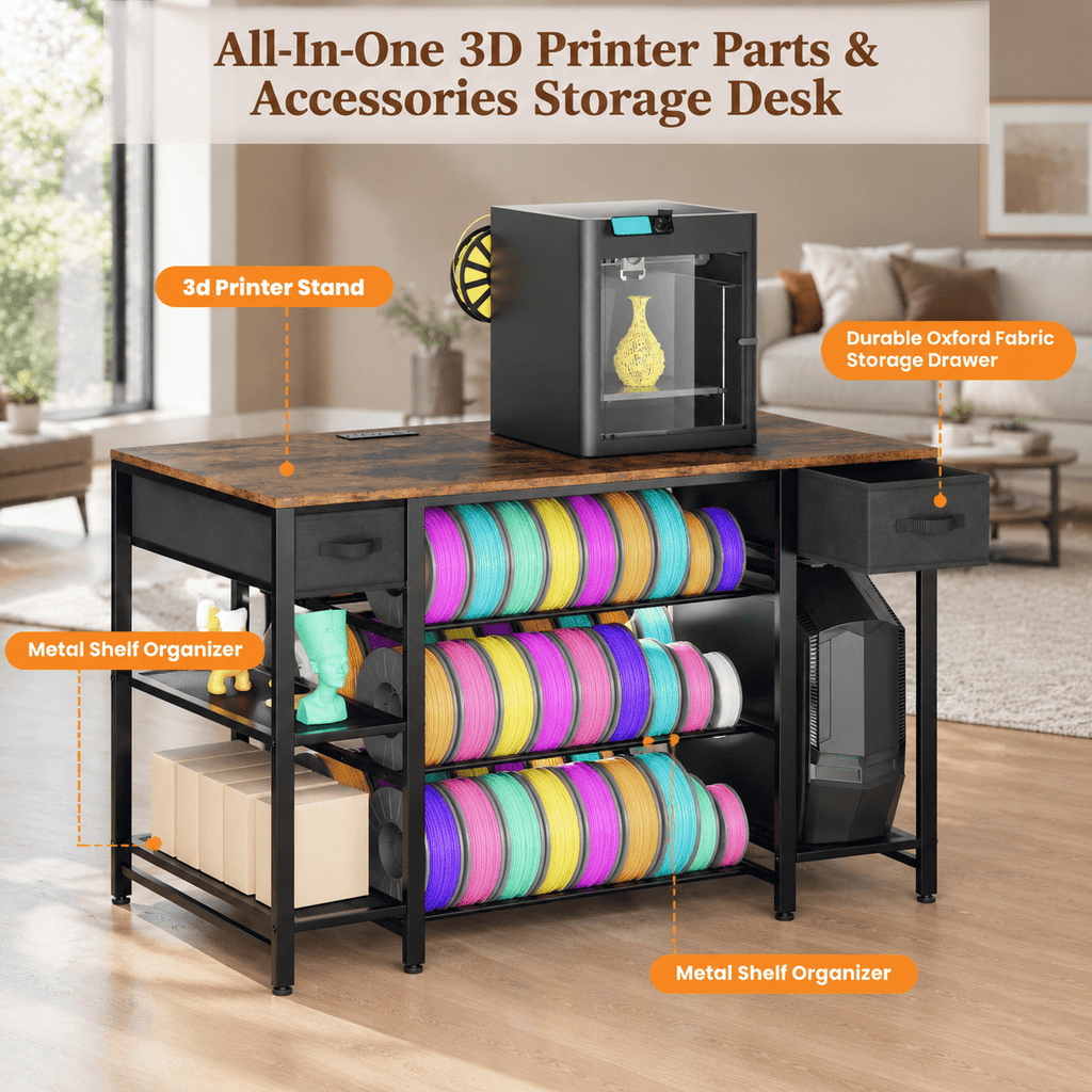 Rectangular Brown Heavy Duty Metal 3D Printer Table with Storage Drawer and Power Hub