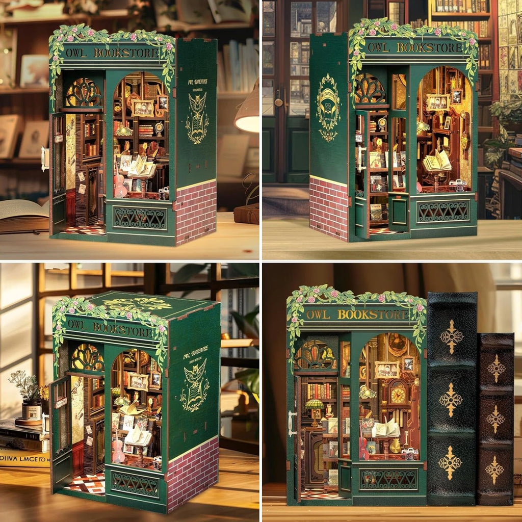 Book Nook Kit, DIY Scene Miniature House Kit Tiny House Mini Booknook Craft Bookshelf Decor, 3D Puzzles for Adults, 139 Wooden Pieces, Scale Library Model, Gifts for Book Lovers（OWL Bookstore）