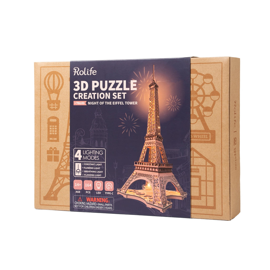 Rolife Night of the Eiffel Tower 3D Wooden Puzzle,Craft Kits With Lights Architecture Construction Model for Teens Adult