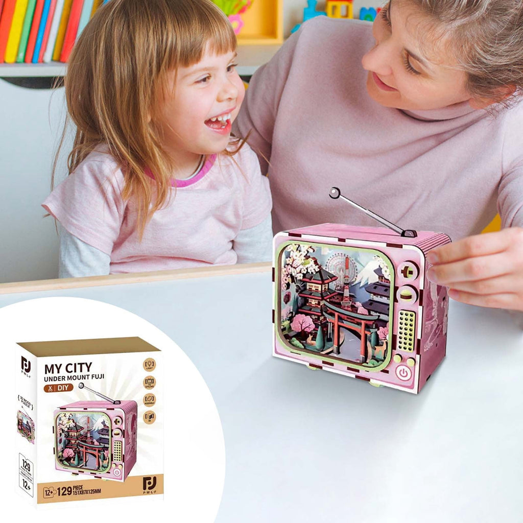 Yardvibe CityVision 3D Wooden Building Puzzle, TV-Shaped 3D Wooden Puzzle with LED Lights & Street View Inside, DIY Craft Model Kit for Adults, Elegant Home Decor & Creative Gift (Japan)