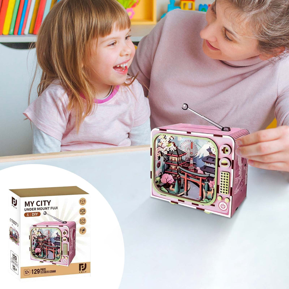 Yardvibe CityVision 3D Wooden Building Puzzle, TV-Shaped 3D Wooden Puzzle with LED Lights & Street View Inside, DIY Craft Model Kit for Adults, Elegant Home Decor & Creative Gift (Japan)