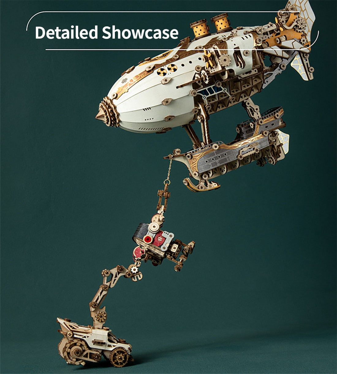 Steampunk Airship Blimp 3D Wooden Puzzle Model Kit with LED Lights, Vintage Desk Decor Craft Gift for Adults