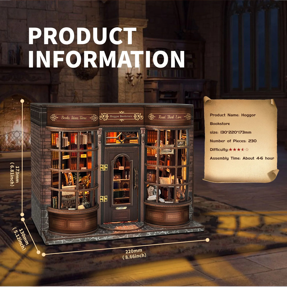 Strucwood DIY Book Nook Kit Hoggor BookStore Wooden Puzzles With LED, 3D Crafts Hobbies, Gifts For Handicraft Enthusiast (SQ‑77)