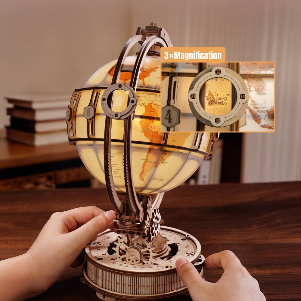 ROKR Luminous Globe 3D Wooden Puzzle for Adults, Electric Rotating Illuminated Globe with Stand, 180-Piece DIY Model Building Kit with LED Light, Home Office Desk Decor Birthday Gift