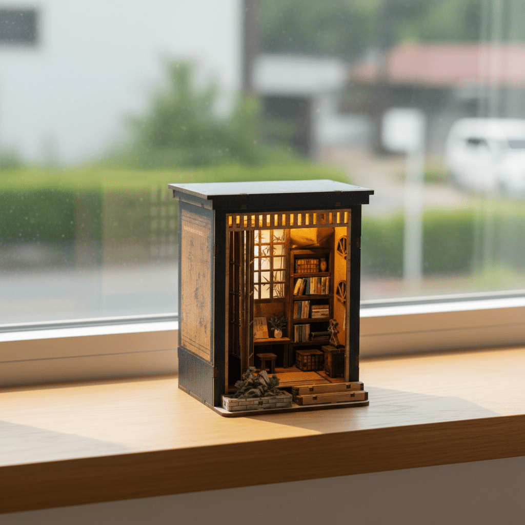 DIY Miniature House Kit, Book Nook Diorama Kit, 3D Wooden Puzzle Oriental Study Mini Scene Model with LED Lights, Wooden Assembly Decor for Desktop Display & Gift‑Giving
