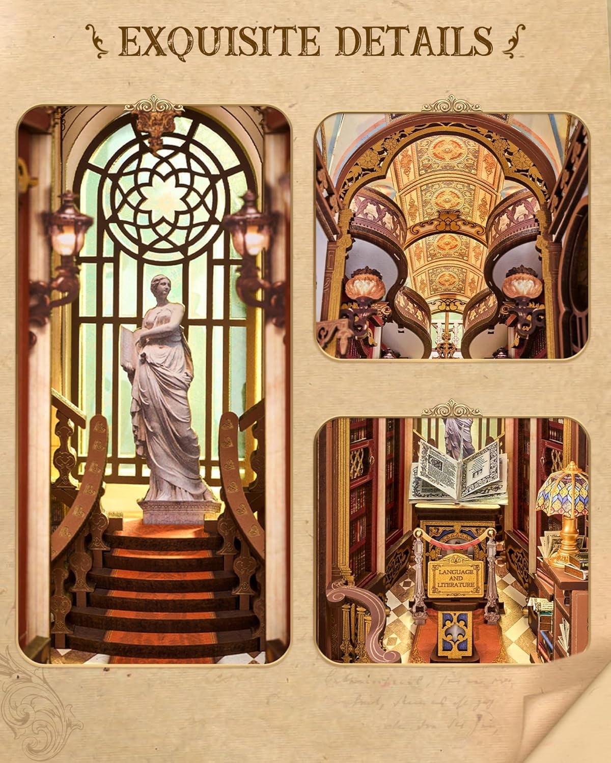 Rolife Library of Wonders 3D Puzzle Book Nook Kit, 10.4" Baroque Bookshelf Insert with Dual LED Lights, DIY Craft for Adults