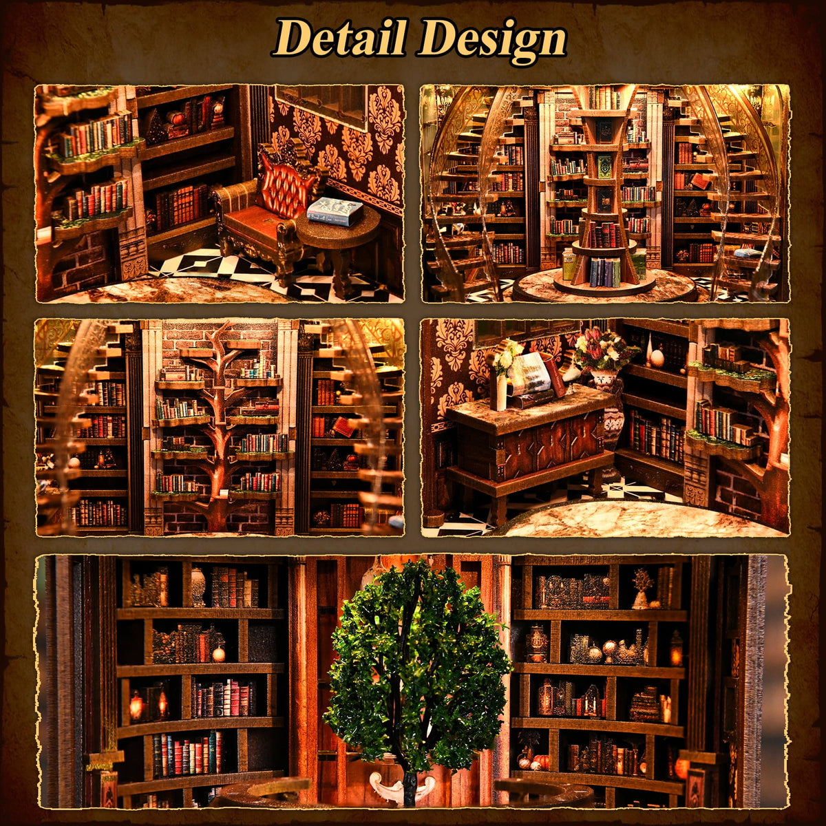 DIY Book Nook Kit for Adults, 3D Wooden Puzzle with LED Lights, Wisdom Rings Book Repository, Miniature Library Bookshelf Insert Bookend Decor