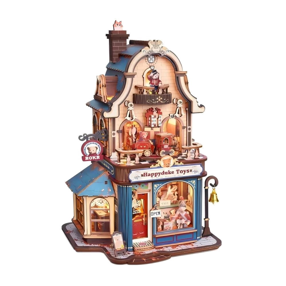 ROKR Happyduke Toys Moving Wooden 3D Puzzle Model Kit, 305-Piece Toy Shop Miniature House with Music Box, Warm LED Light for Adults and Teens