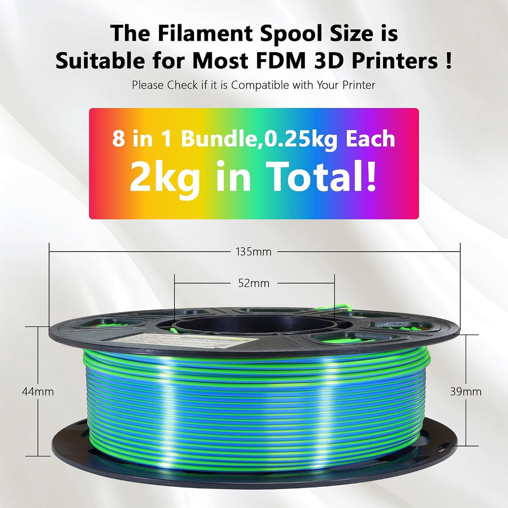 Silk PLA 2 Color in 1 Coextrusion 3D Printer Filament Bundle: White/Red, White/Blue, Blue/Purple, Lime GreenBlue, RedGold, RedBlack, GoldBlack, PurpleBlack, 2Kg Dual Color Silk PLA, 250g x 8