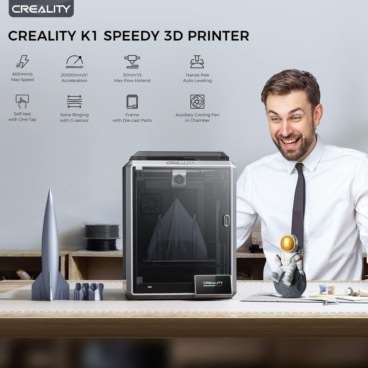 Creality K1 3D Printer with 600mm/s Printing Speed 2000mm/s² Acceleration, 300℃ High-Temp 32mm³/s Flow Hotend Auto Level Dual-Gear Direct Extruder Printing Size 8.66x8.66x9.84 inch