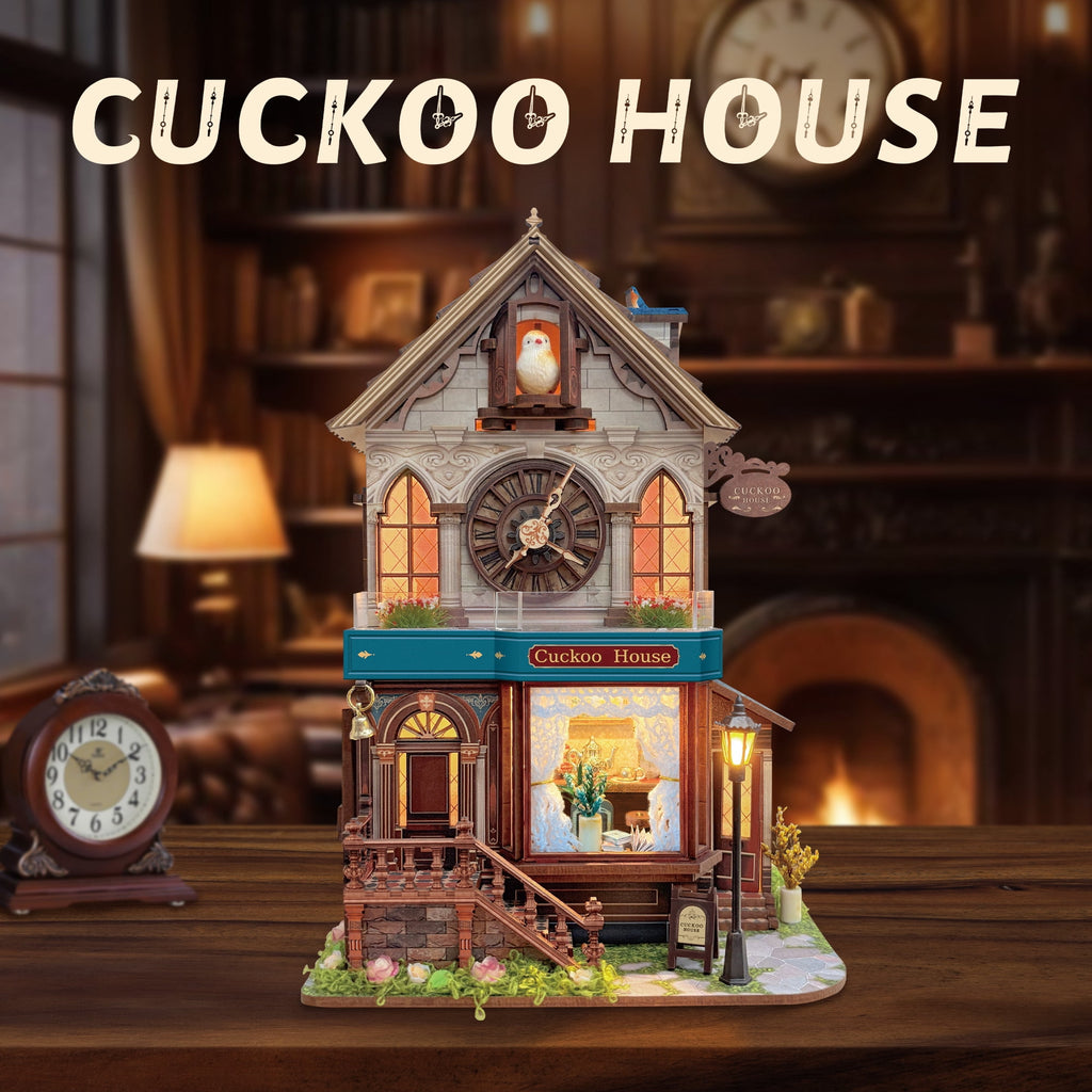 Strucwood DIY Book Nook Kit Cuckoo House: 3-Mode Touch Switch, Sound Effects & LED, 3D Wooden Puzzle Gift for Adults（SQ-61）