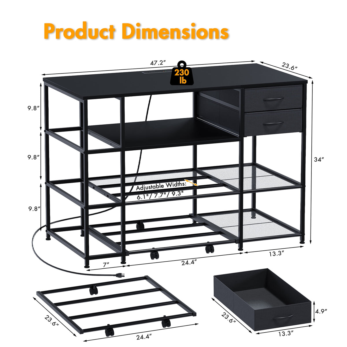 Advwin 47" Heavy Duty 3D Printer Stand with Power Outlet, Pull-Out Rolling Filament Storage Rack, 2 Fabric Drawers & Open Shelves, 3D Printer Table Workstation for Home Office Studio, Black