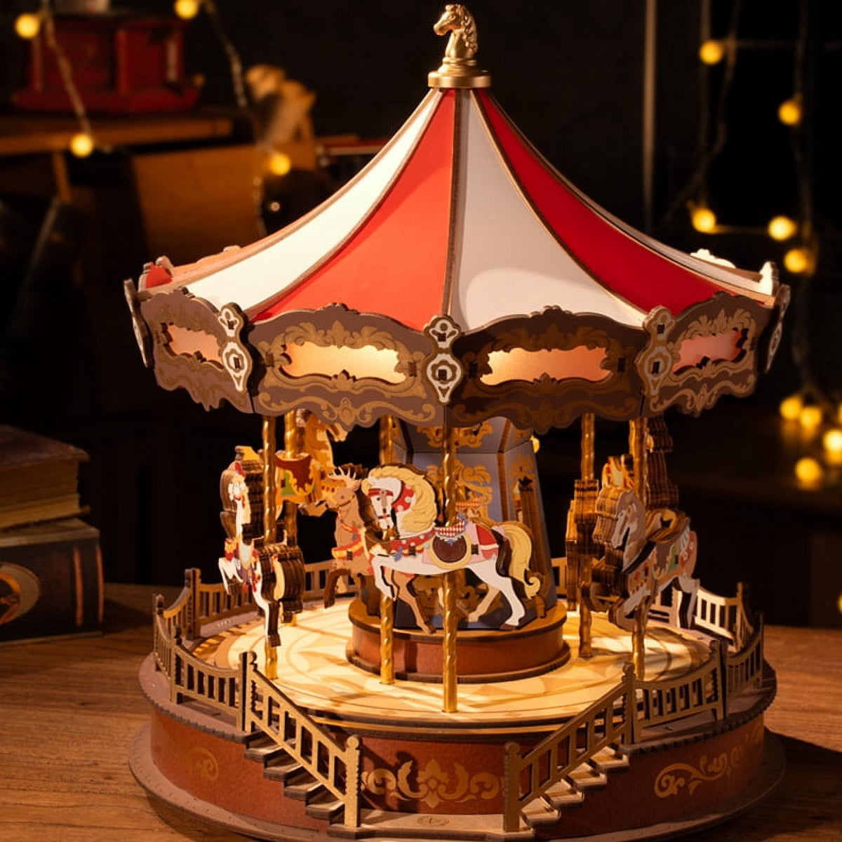 Rolife 3D Puzzles Music Box DIY, Classic Carousel Dreamer, Wooden Building Model Kits Xmas Birthday Gift for Kids Girls Adults
