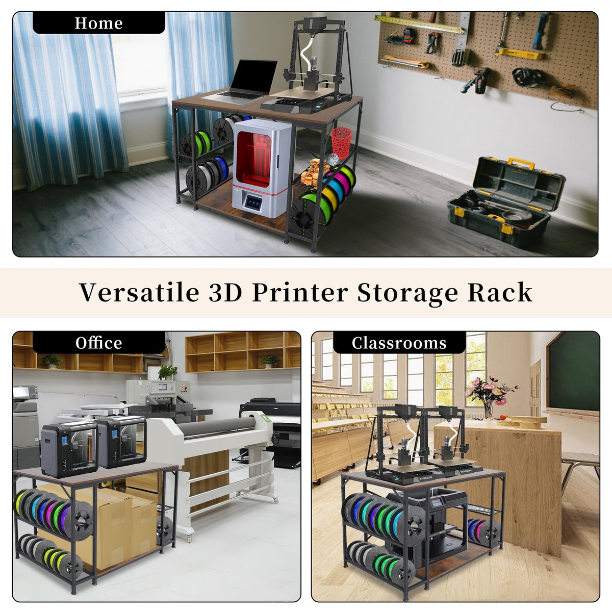 Large 3D Printer Stand, 3D Printer Filament Storage Rack for Home Office, 2-Tier Under Desk 3D Printer Table Desk with Filament Storage