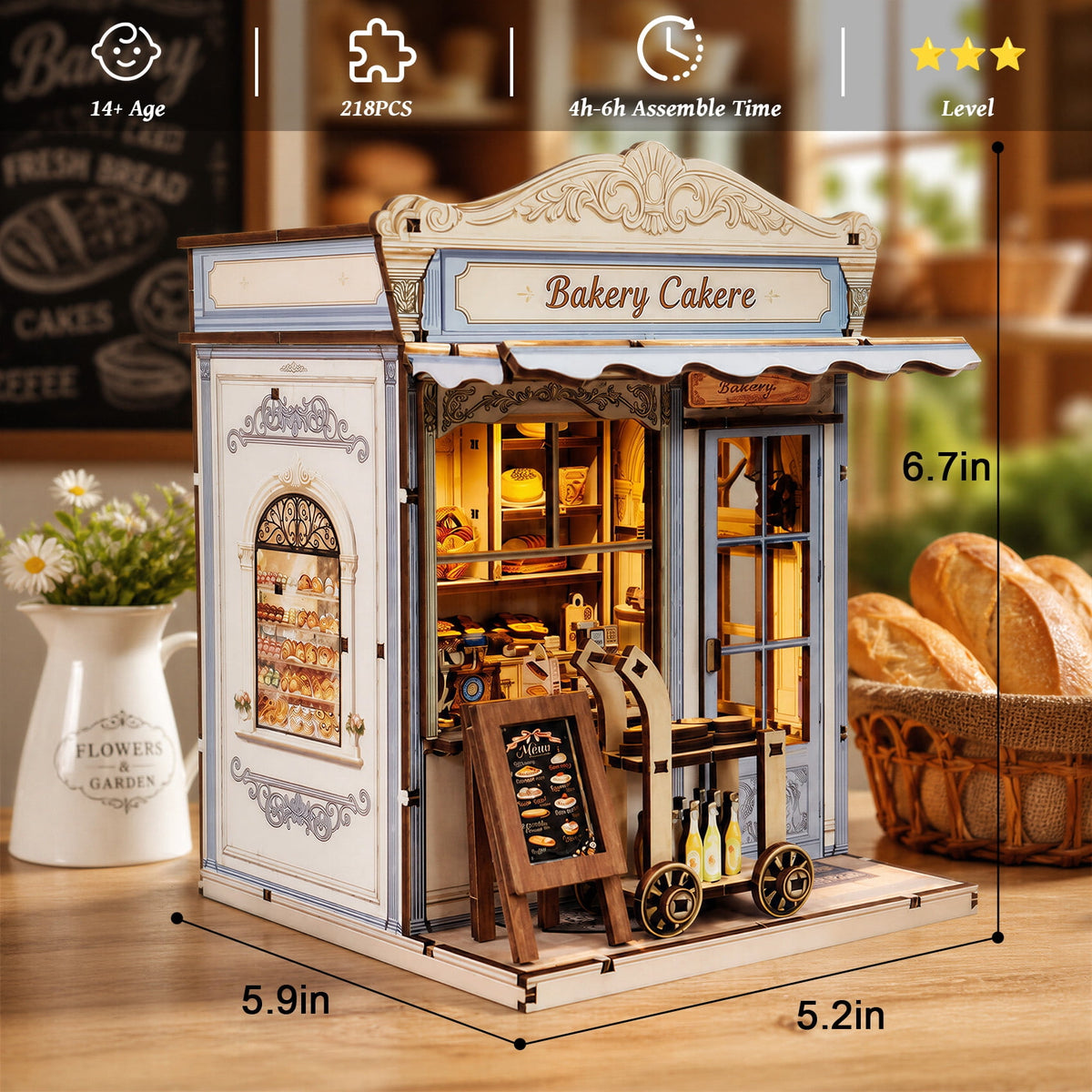 MOJINO DIY Book Nook Kit, Vintage Bakery Miniature House 3D Wooden Puzzle with LED Light, Tiny Home Dollhouse Craft Kit for Adults & Teens, Bookshelf Decor