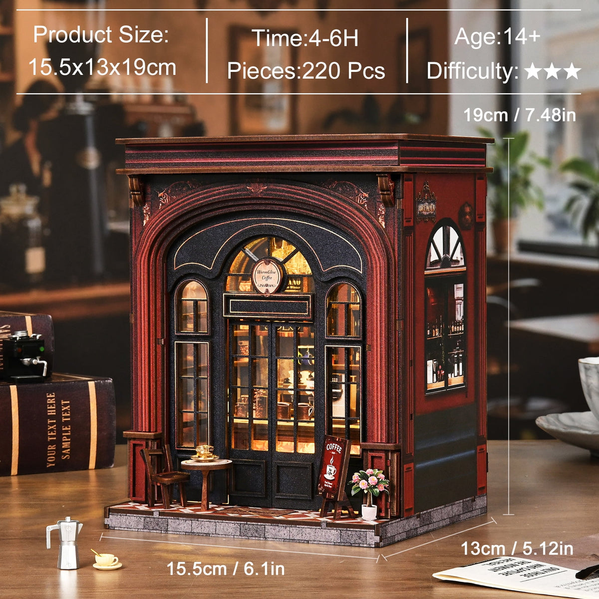 DIY Book Nook Kit with LED Light,Forest Tea Book Club Miniature House Bookshelf Insert Decor, 3D Wooden Puzzle Dollhouse Craft Kit for Adults Teens, Book Lover Gift