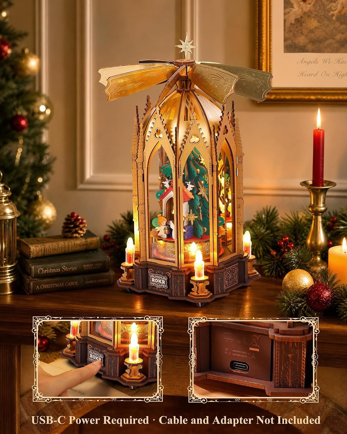 ROKR Blessed Christmas Pyramid, 3D Wooden Puzzle with Rotating Rotor and Candle Powered Movement, 263-Piece DIY Holiday Decor Model for Adults Xmas Gift
