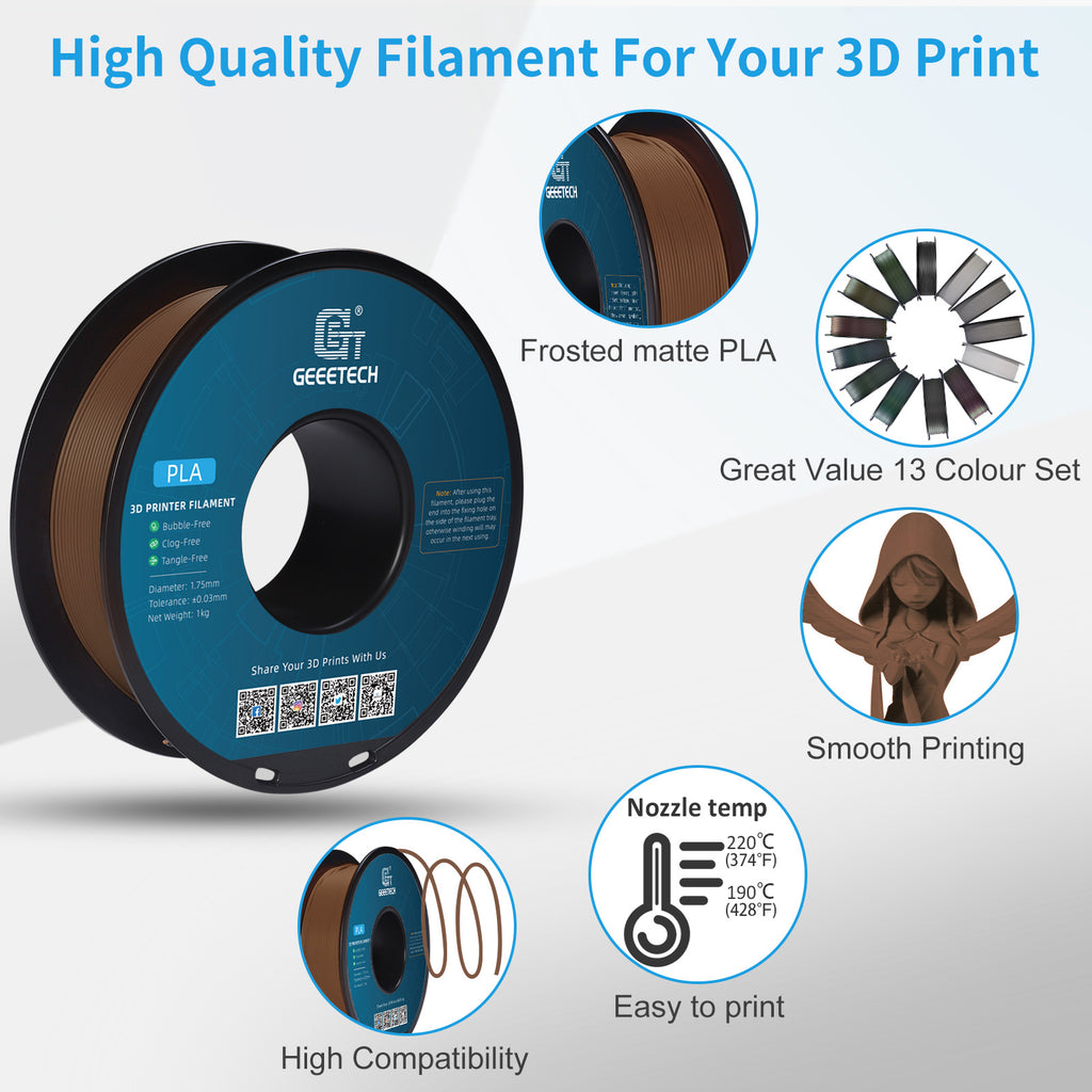 GEEETECH Matte PLA Filament Brown, 1.75mm Frosted 3D Printer Filament, Dimensional Accuracy +/- 0.02 mm, 1kg Spool (2.2lbs) 3D Printing Filament for FDM 3D Printers