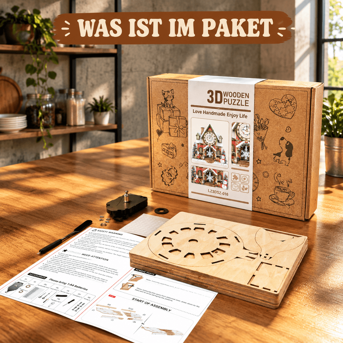 Wooden House Clock 3D Puzzle DIY Mechanical Clock Kit for Adults Teens