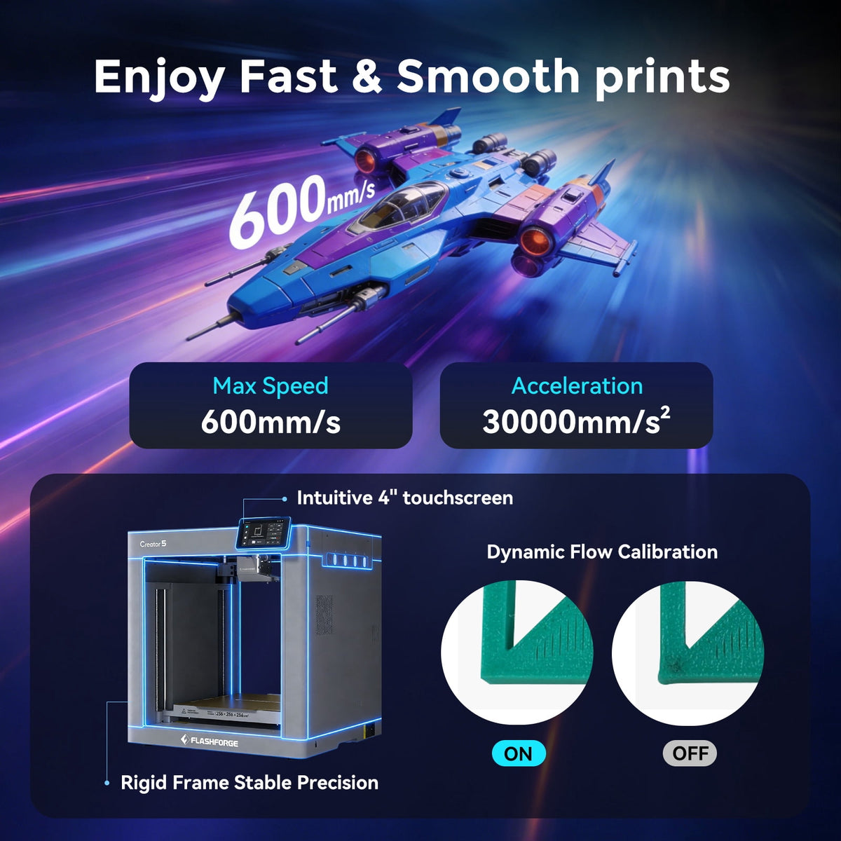 Flashforge Creator 5 3D Printer, 4-Nozzle Multi-Color Printer & 600mm/s High Speed, Zero Purge Waste for Multi-Scenario