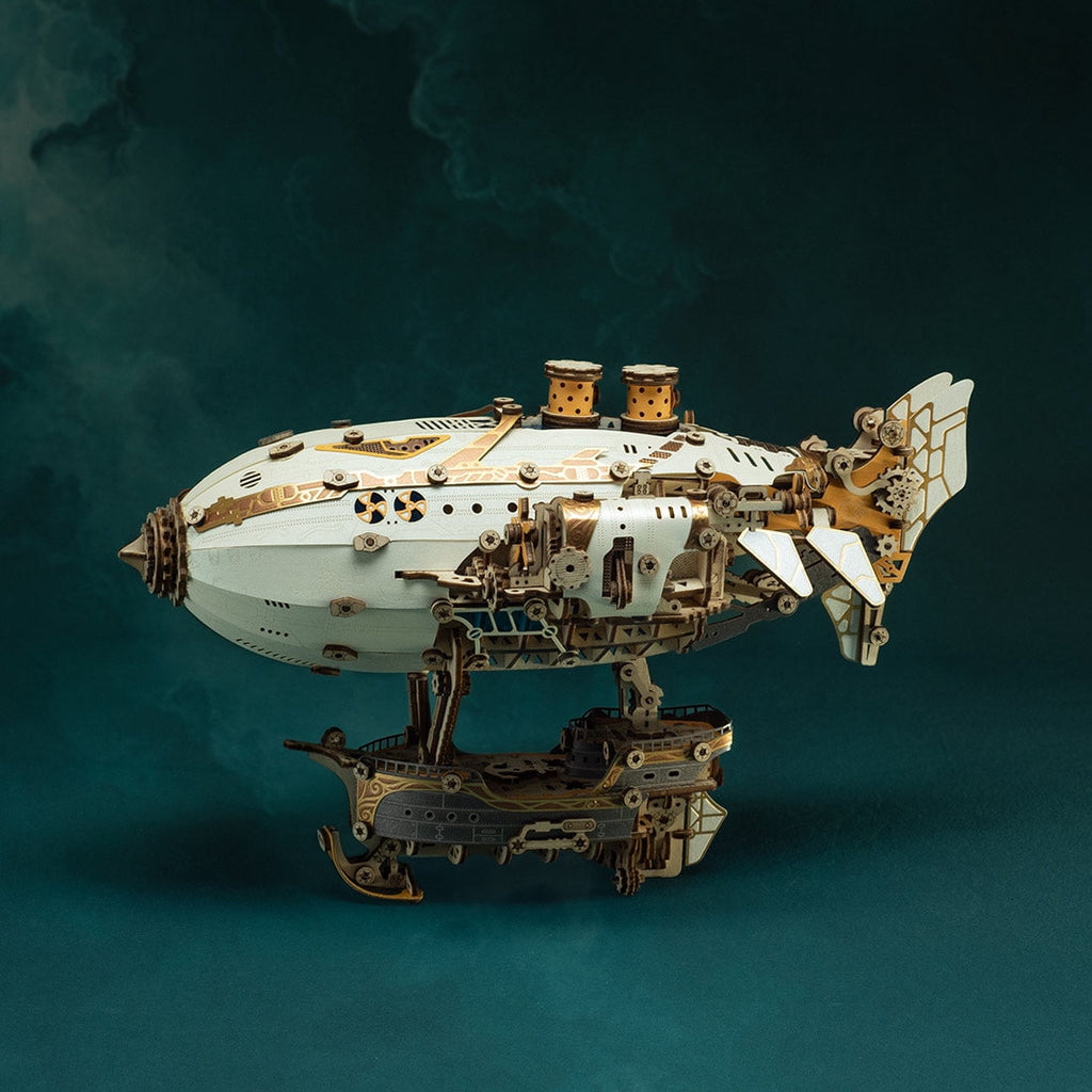 Steampunk Airship Blimp 3D Wooden Puzzle Model Kit with LED Lights, Vintage Desk Decor Craft Gift for Adults