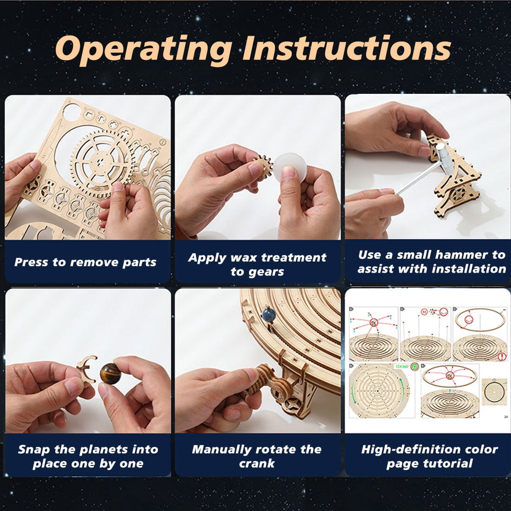 DIY Mechanical Orrery Solar System 3D Wooden Puzzle Kit, 413PCS Planetary Gear DIY Assembly Craft Model with Hand Crank, Rotating Planet Display for Home and Office
