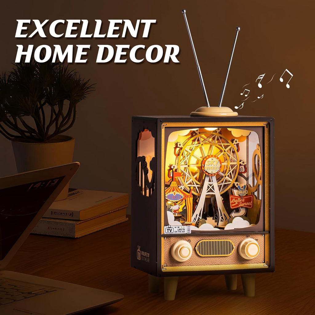 ROBOTIME Sunset Carnival 3D Wooden Puzzle Music Box,DIY Tiny House Model Craft Kits for Bookends Bookshelf Decor,Gifts for Teens Adults Boys Girls