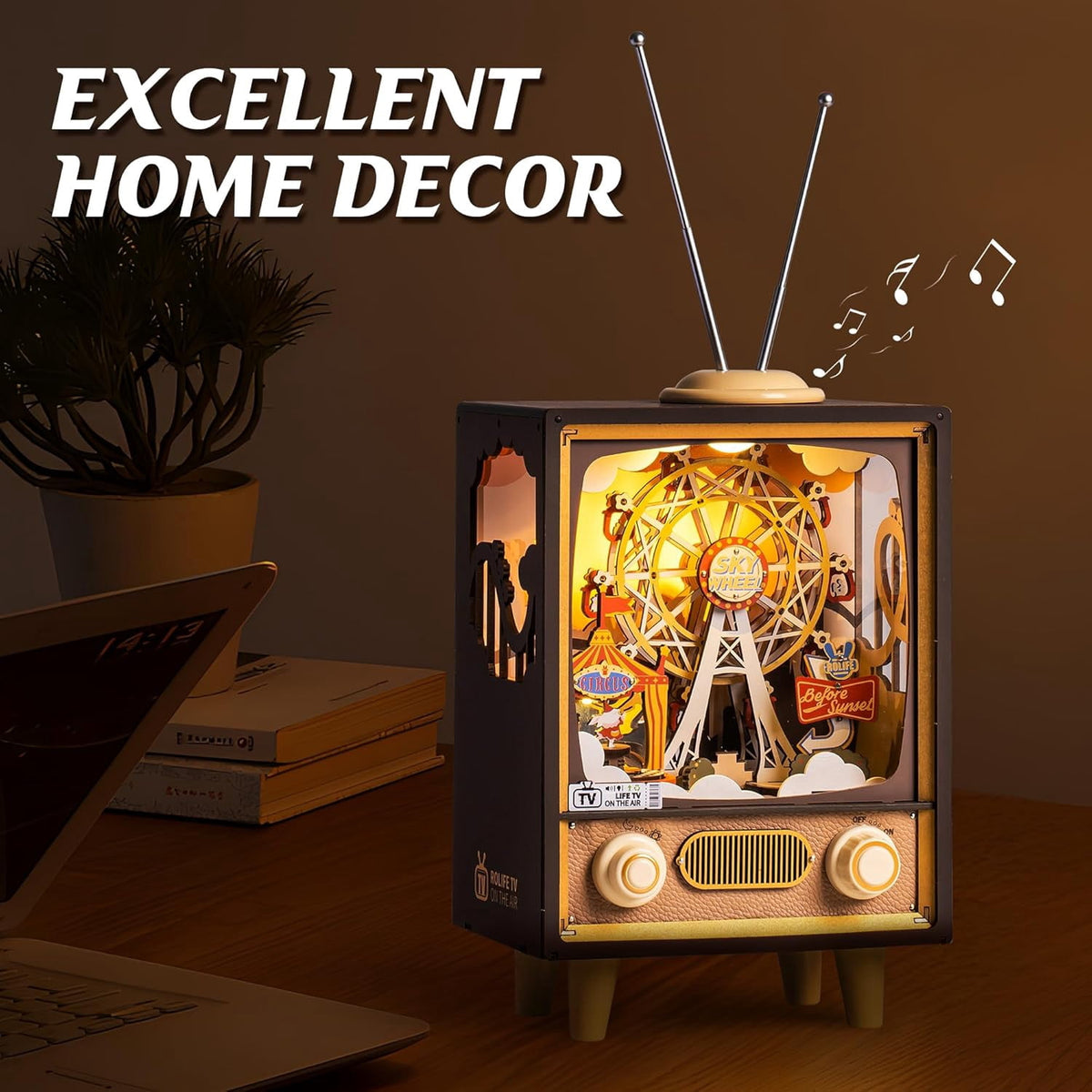 ROBOTIME Sunset Carnival 3D Wooden Puzzle Music Box,DIY Tiny House Model Craft Kits for Bookends Bookshelf Decor,Gifts for Teens Adults Boys Girls