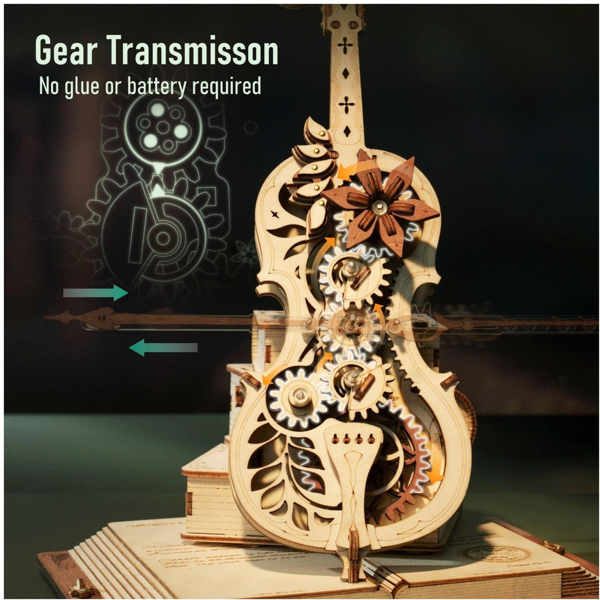 ROKR 3D Puzzle Music Box Wooden Model Kit Magic Cello Mechanical Building Kit Desk Gift for Men Women Hobby for Adults