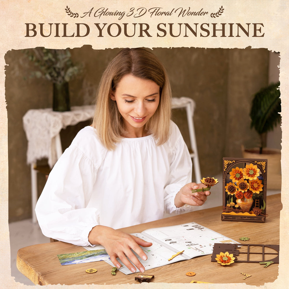 ROBOTIME Water Lily 3D Puzzle Building Set with LED, Wooden Flower Model Craft Kits for Adults to Build, Hangable DIY Construction Art Painting Wall Decor, Gifts for Adults Teens