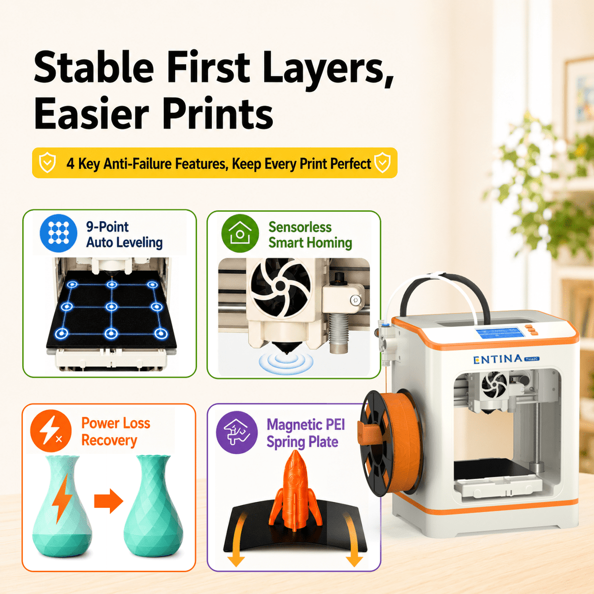 Entina 3D Printer Tina2C, Auto Leveling App Control Quiet for Kids Beginners STEM DIY