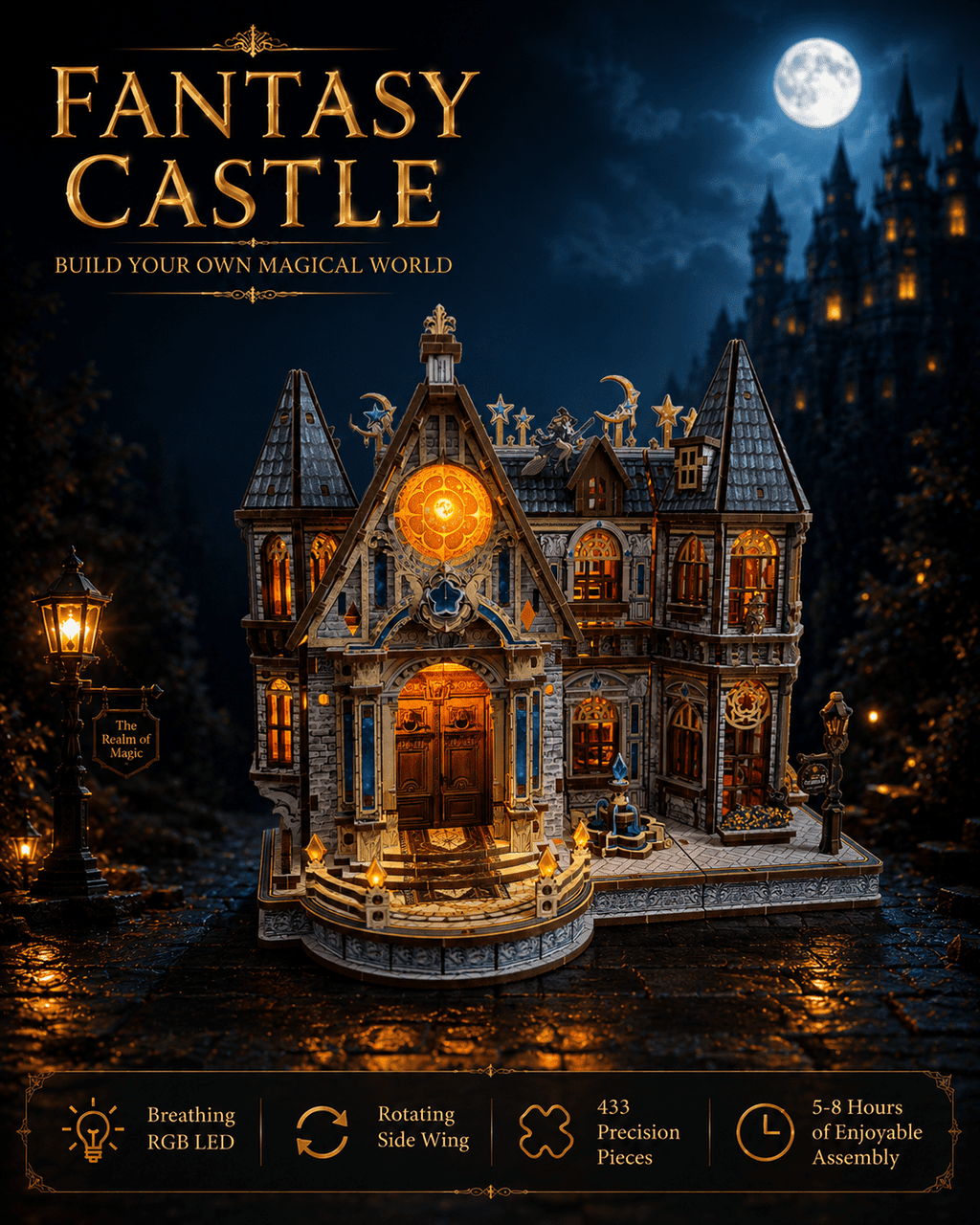 3D Wooden Puzzle for Adults, DIY Magical Castle Model Kit with Multicolor LED Lighting, Detailed Miniature House to Build, Desk Decor, Gift for Puzzle Enthusiasts