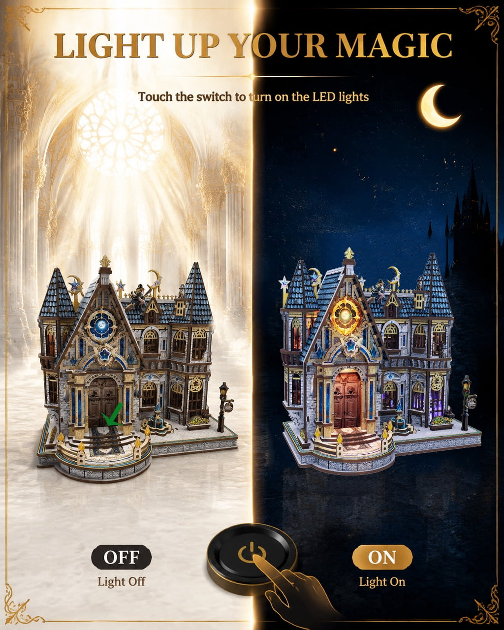 3D Wooden Puzzle for Adults, DIY Magical Castle Model Kit with Multicolor LED Lighting, Detailed Miniature House to Build, Desk Decor, Gift for Puzzle Enthusiasts
