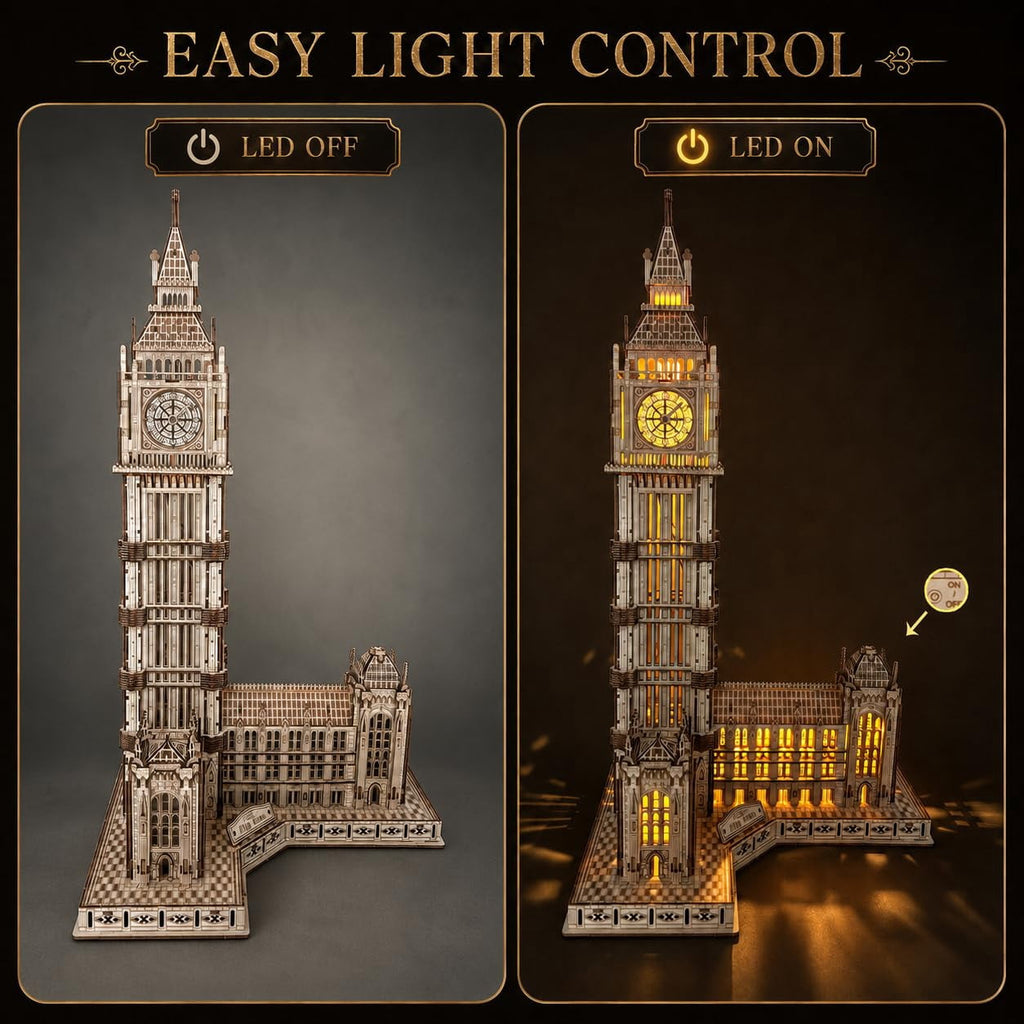 3D Wooden Puzzle for Adults, Big Ben London Clock Tower Model Kit with LED | Warm LED Display, DIY Model Building, Home Decor, Gift for Adults & Puzzle Lovers，595PCS，Laser-Cut Wood Pieces