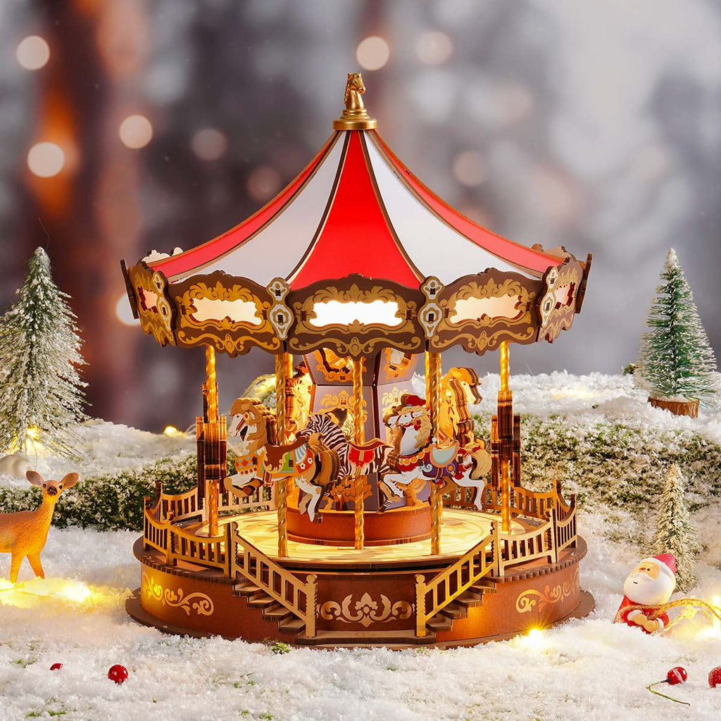 Rolife 3D Puzzles Music Box DIY, Classic Carousel Dreamer, Wooden Building Model Kits Xmas Birthday Gift for Kids Girls Adults