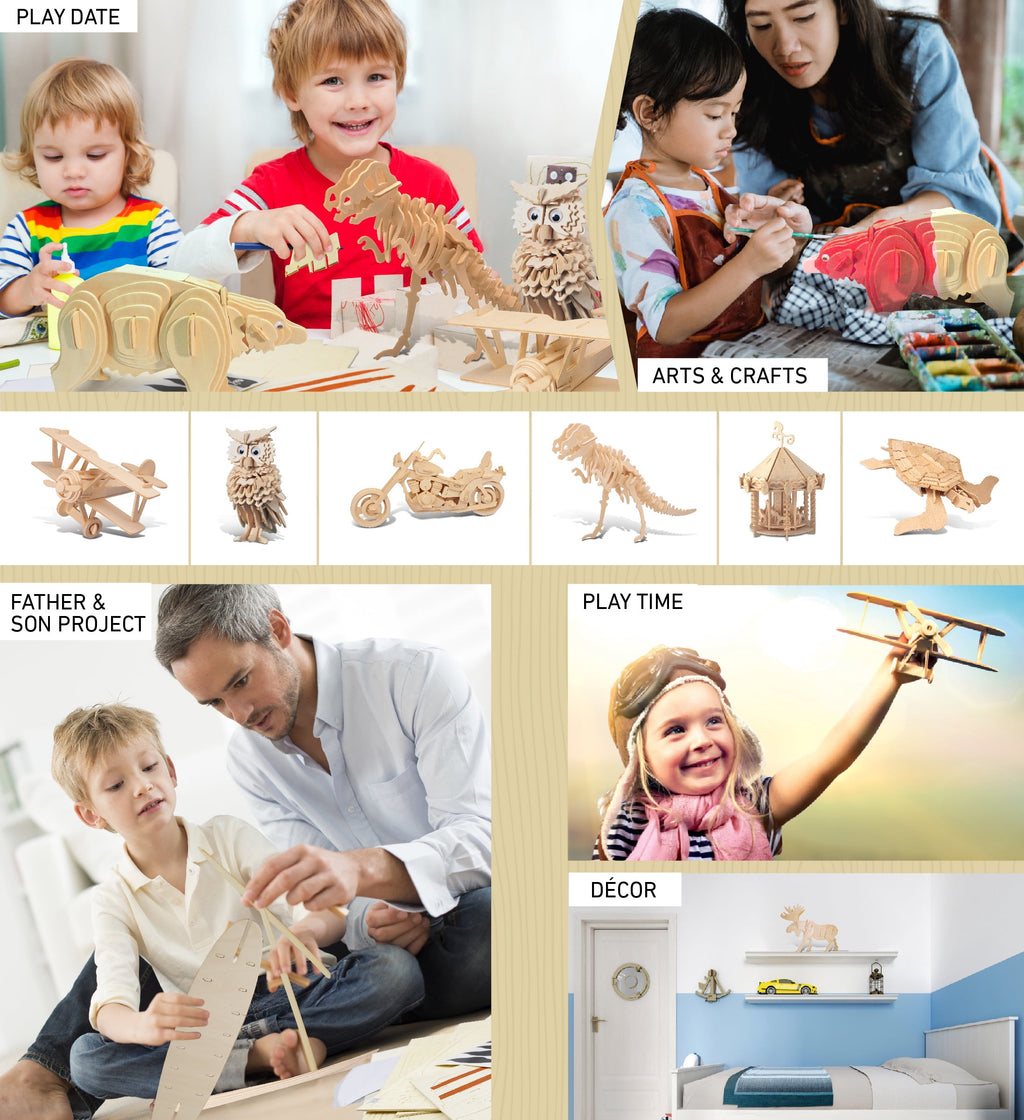Puzzled Bundle of Moose and Black Bear Wooden 3D Puzzle Construction Kits, Fun Unique & Educational DIY Wild Animals Toys Assemble Model Unfinished Wood Craft Hobby Puzzles to Build & Paint - 2 Pack