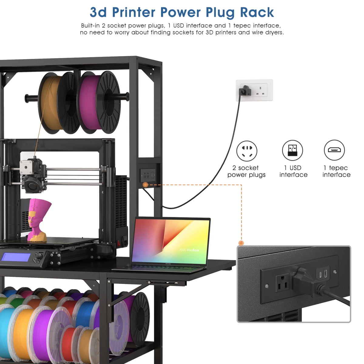 YANGXUN 3D Printer Stand with Filament Storage Built in Power Panel Open Frame Heavy Duty Metal Workstation for Home and Office