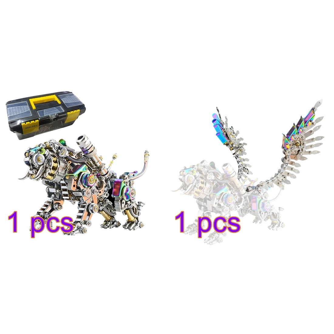 3D Metal Puzzle Colorful Bengal Tiger Model Kit, 700PCS Mechanical Steampunk Tiger 3D Metal Jigsaw Puzzle to Build, DIY Assembly Gift for Adults & Teens -Wings 1 Pair