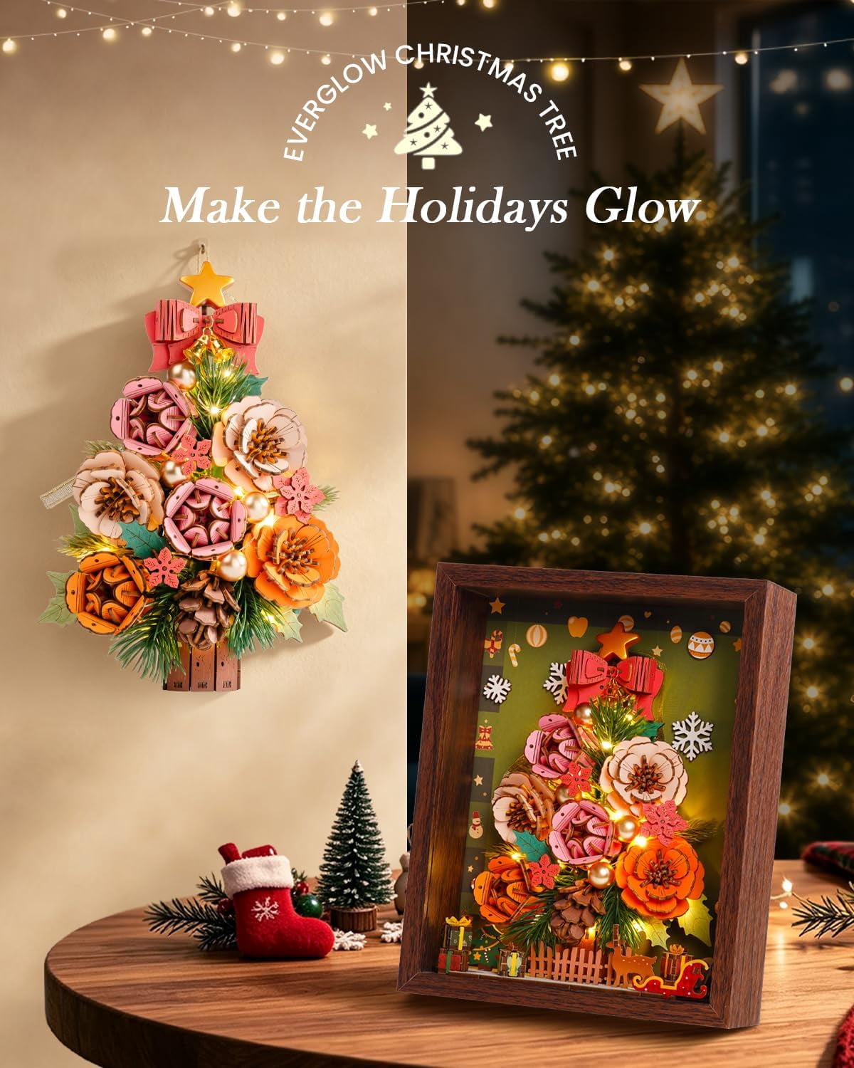 ROWOOD Everglow Christmas Tree, Flower 3D Wooden Puzzle with LED Lights, DIY Holiday Botanical Decoration for Adults Xmas Gift