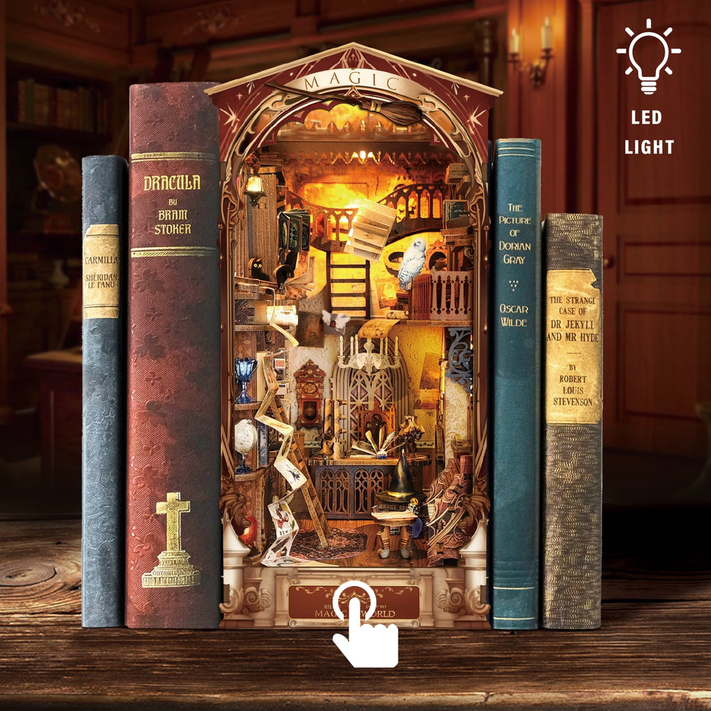 Strucwood DIY Book Nook Kit Magic World Wooden Puzzles with LED Dust Cover,3D Crafts Hobbies Gifts for Handicraft Enthusiasts（SQ-14）