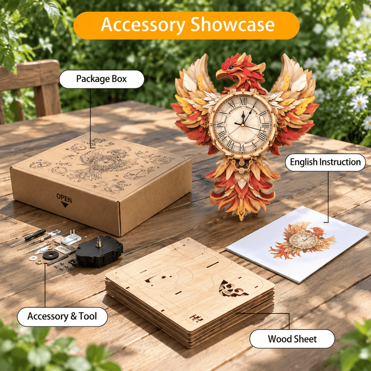 Fire Phoenix Wooden 3D Puzzle Clock DIY Model Kit for Adults